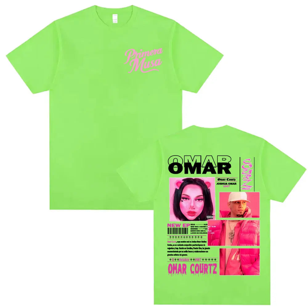 Bright neon green oversized short-sleeved t-shirt with rapper omar courtz vintage 90s hip graphic for summer tops