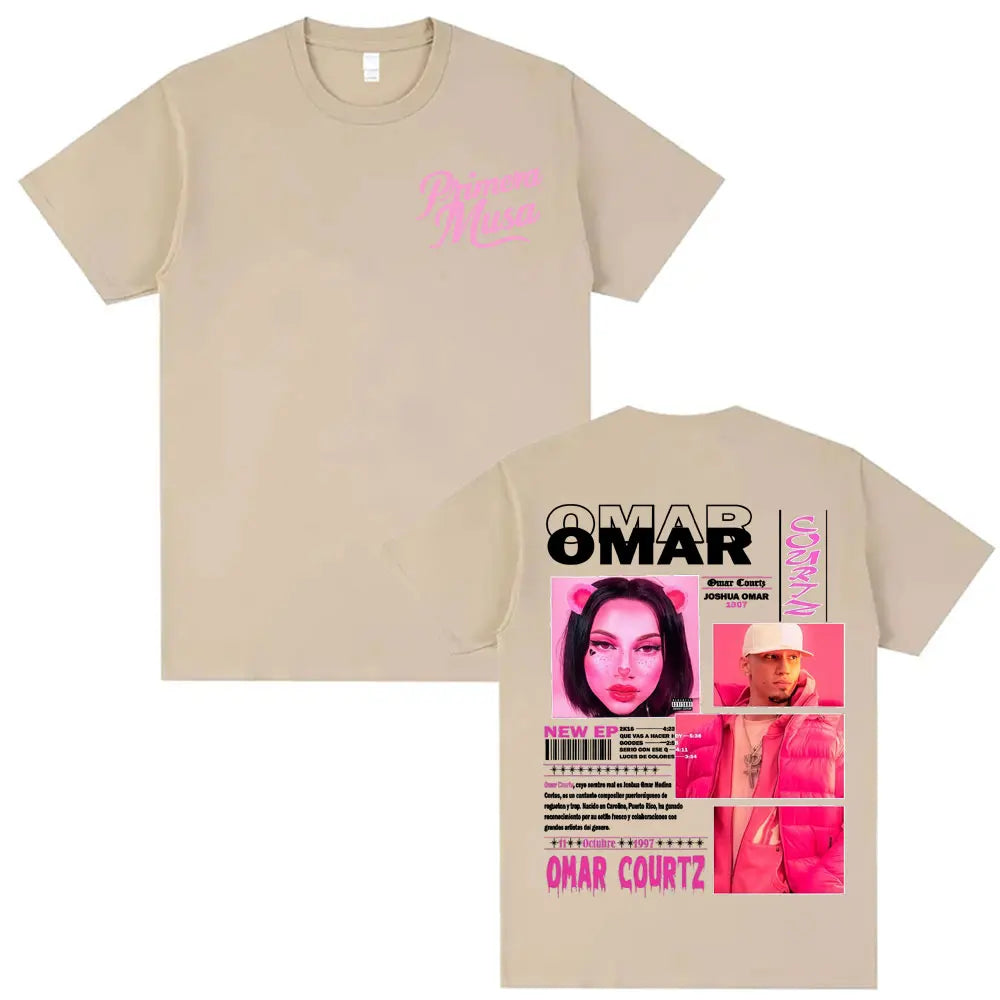 Beige short-sleeved rapper omar courtz graphic t-shirt with vintage 90s hip design for summer tops oversized fit