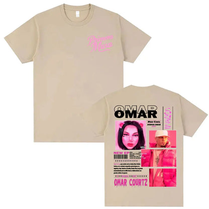 Beige short-sleeved rapper omar courtz graphic t-shirt with vintage 90s hip design for summer tops oversized fit