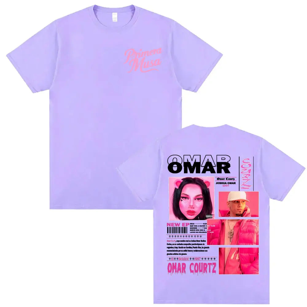 Lavender short-sleeved t-shirt featuring rapper omar courtz vintage 90s hip hop graphic for summer tops oversized fit