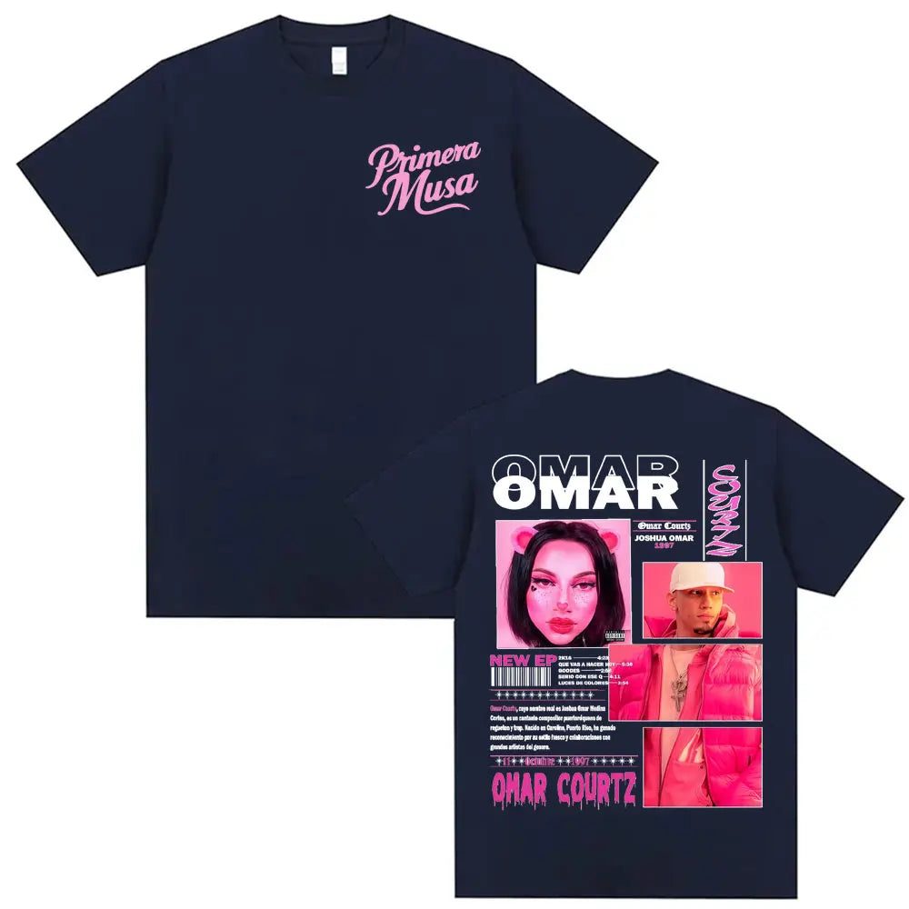 Navy blue oversized t-shirt with pink primera musa script front and vibrant rapper omar courtz vintage 90s hip graphic back for summer tops