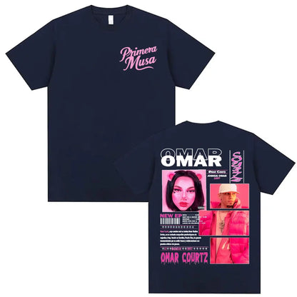 Navy blue oversized t-shirt with pink primera musa script front and vibrant rapper omar courtz vintage 90s hip graphic back for summer tops