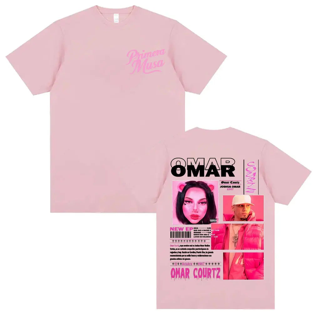 Pink short-sleeved vintage 90s hip hop t-shirt with rapper omar courtz graphic and prima musa text summer tops oversized