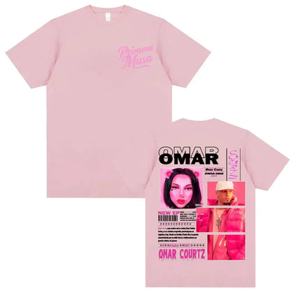 Pink short-sleeved vintage 90s hip hop t-shirt with rapper omar courtz graphic and prima musa text summer tops oversized
