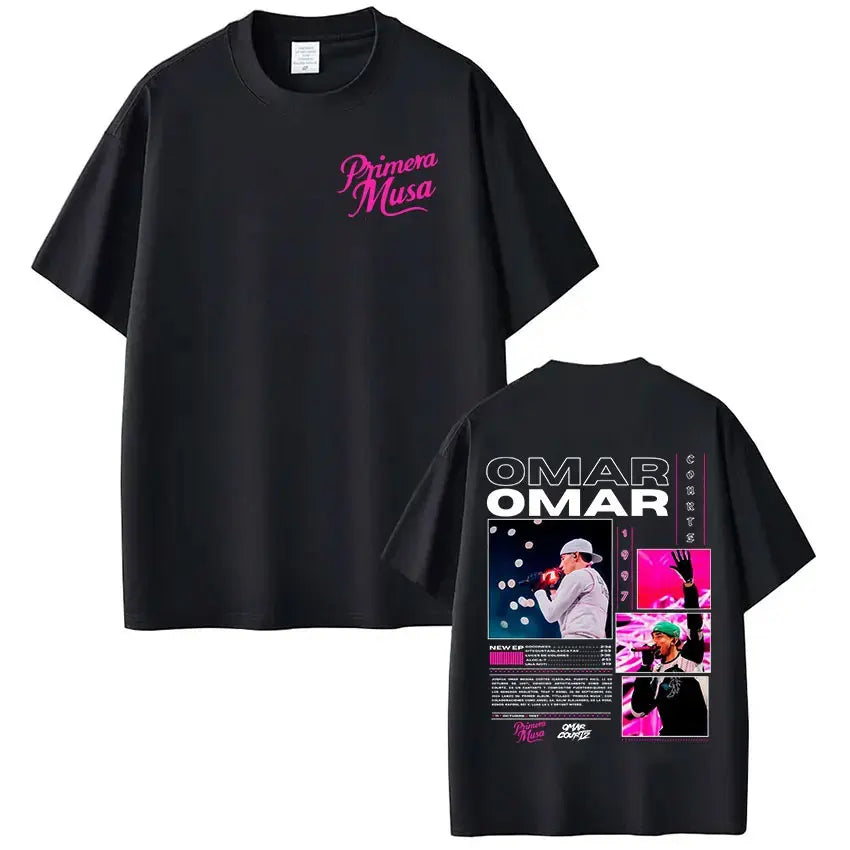 Black short-sleeved rapper omar courtz t-shirt with vibrant pink primera musa logo and detailed vintage 90s hip graphic back print, ideal summer tops oversized style