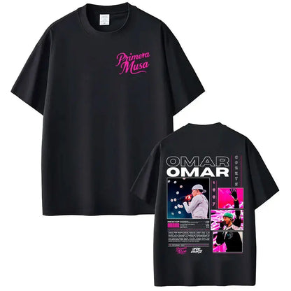 Black short-sleeved rapper omar courtz t-shirt with vibrant pink primera musa logo and detailed vintage 90s hip graphic back print, ideal summer tops oversized style