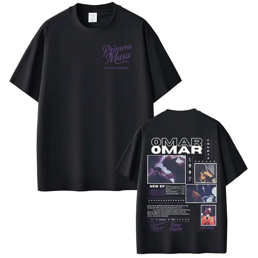Black oversized t-shirt back featuring rapper omar courtz graphic in white and purple vintage 90s hip summer tops oversized