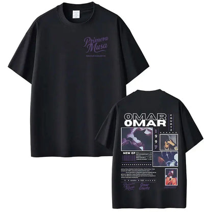 Black oversized t-shirt back featuring rapper omar courtz graphic in white and purple vintage 90s hip summer tops oversized