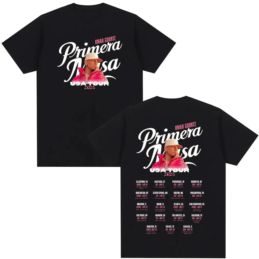 Black oversized summer tops t-shirt featuring rapper omar courtz vintage 90s hip graphic with usa tour dates