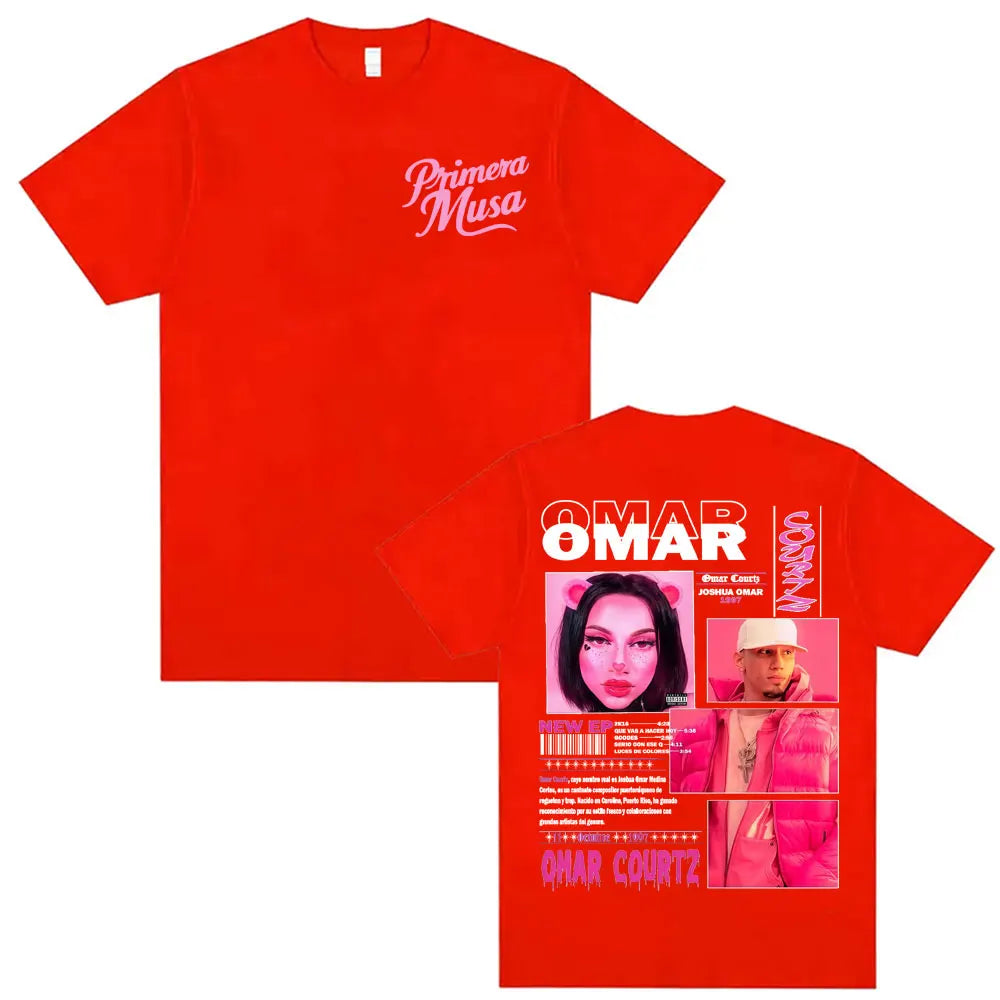 Vibrant red rapper omar courtz vintage 90s hip oversized t-shirt with bold pink graphic on back and white primera musa chest text