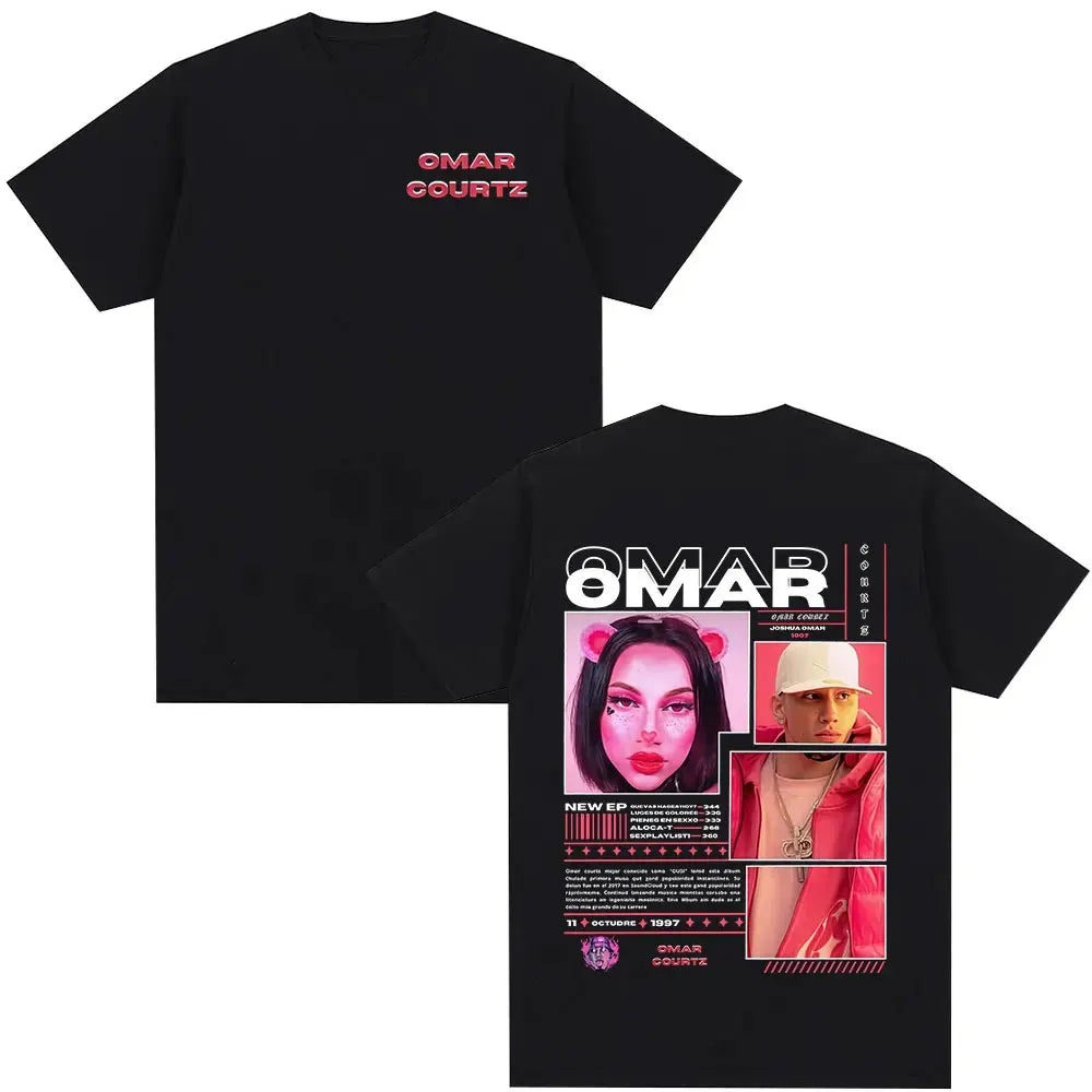 Black cotton t-shirt featuring a vibrant pink and white graphic of rapper omar courtz vintage 90s hip summer tops oversized