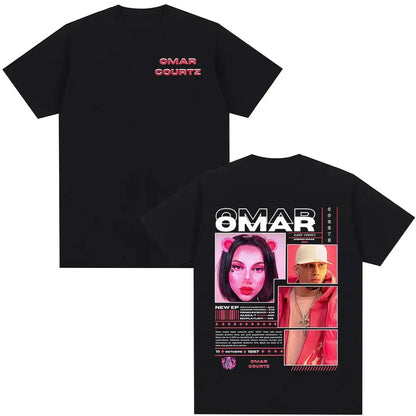 Black cotton t-shirt featuring a vibrant pink and white graphic of rapper omar courtz vintage 90s hip summer tops oversized