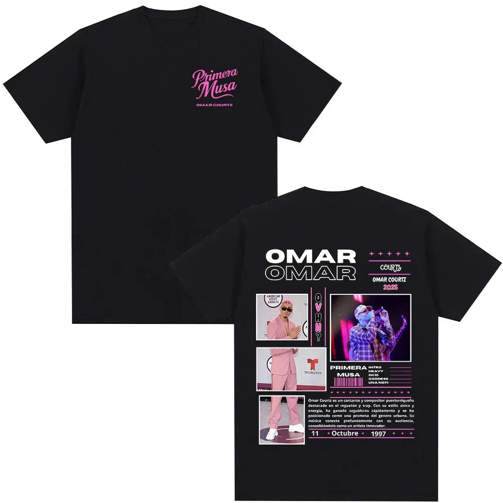 Black oversized t-shirt featuring rapper omar courtz graphic design with pink white text vintage 90s hip summer tops
