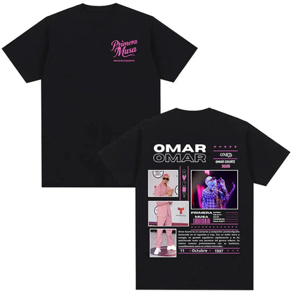 Black oversized t-shirt featuring rapper omar courtz graphic design with pink white text vintage 90s hip summer tops