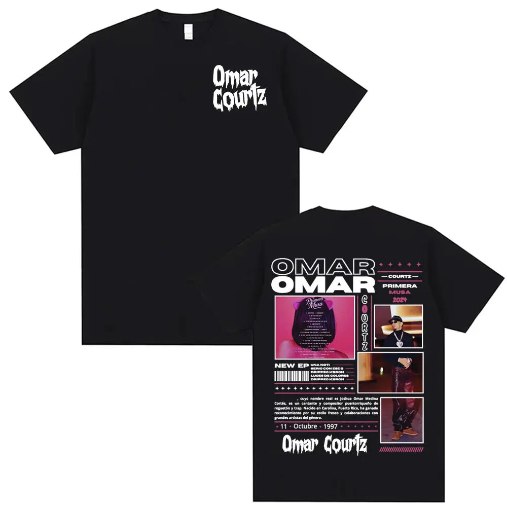 Black short-sleeved rapper omar courtz t-shirt with white text and pink graphic print on back vintage 90s hip summer tops oversized