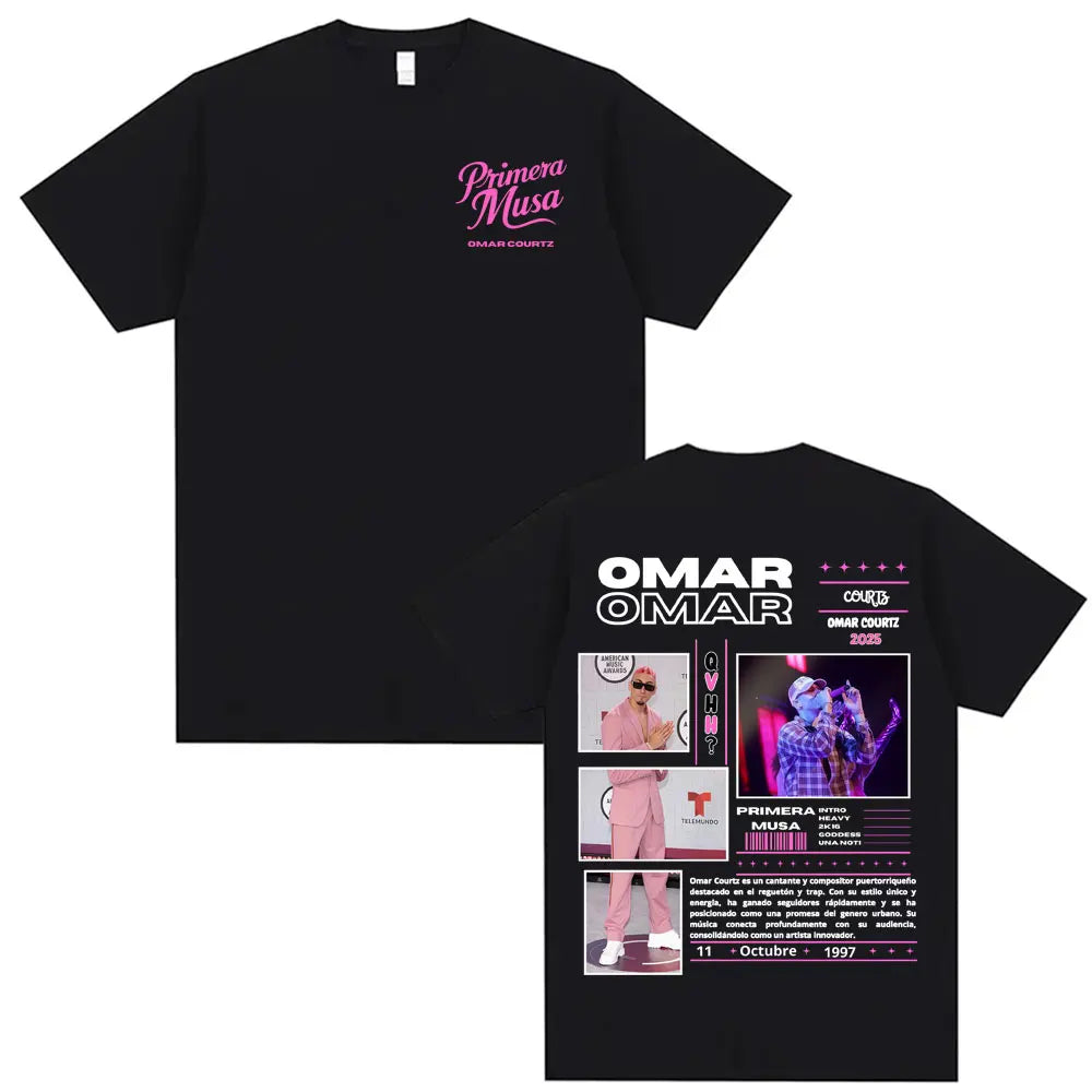 Black short-sleeved t-shirt featuring pink text and graphics of rapper omar courtz vintage 90s hip summer tops oversized