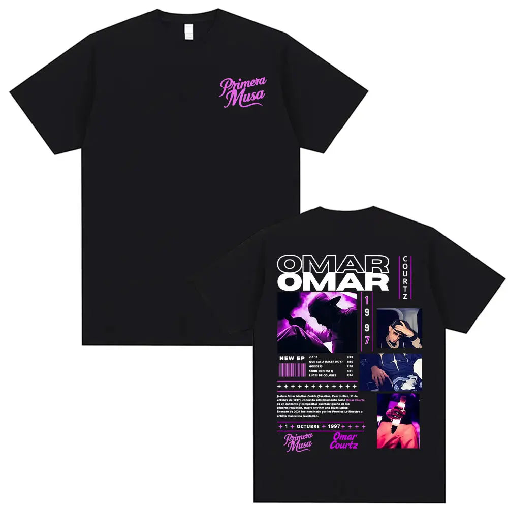 Black short-sleeved rapper omar courtz t-shirt with purple white graphic vintage 90s hip summer tops oversized design