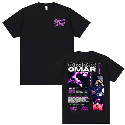 Black short-sleeved rapper omar courtz t-shirt with purple white graphic vintage 90s hip summer tops oversized design