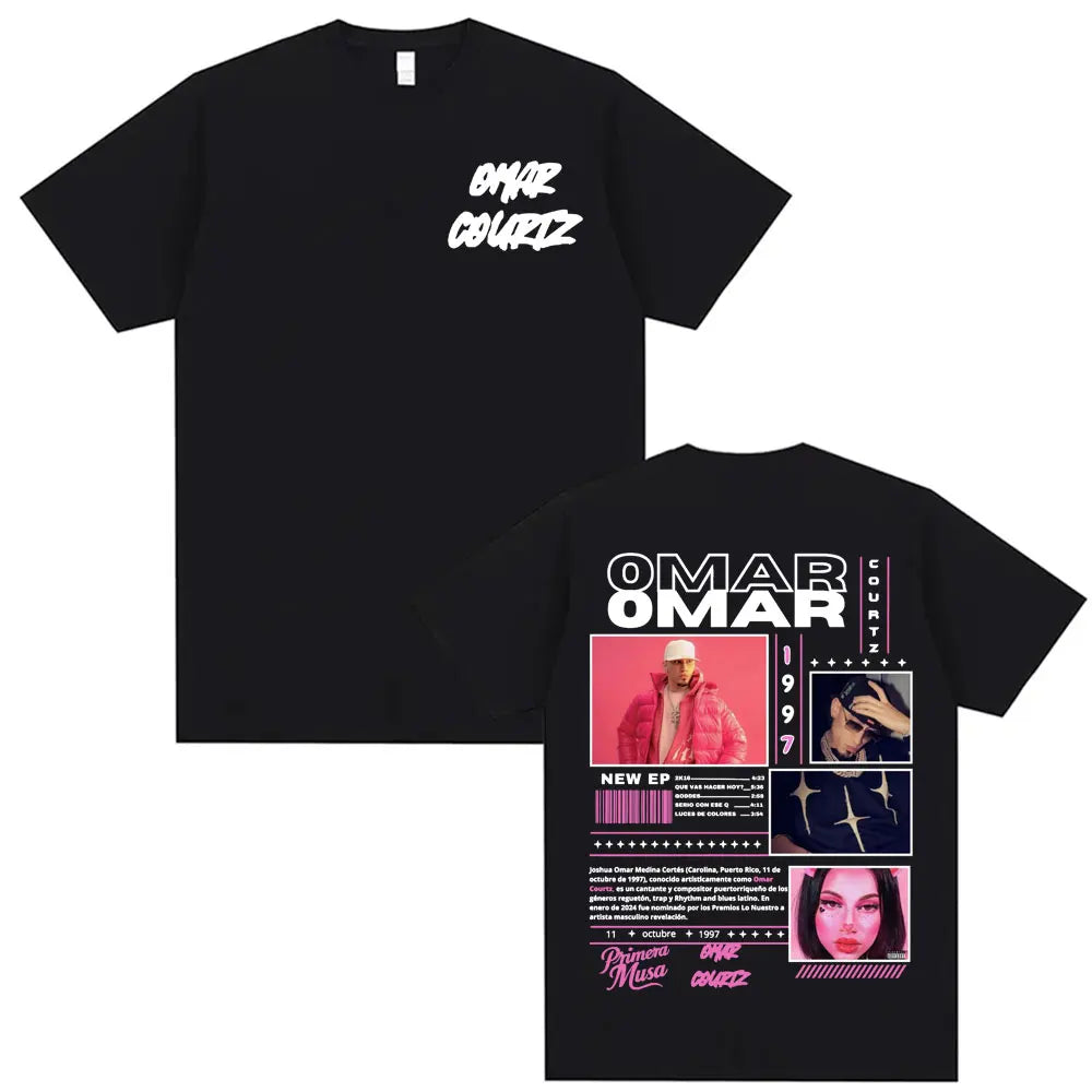 Black short-sleeved rapper omar courtz graphic t-shirt with vintage 90s hip design ideal for summer tops oversized style