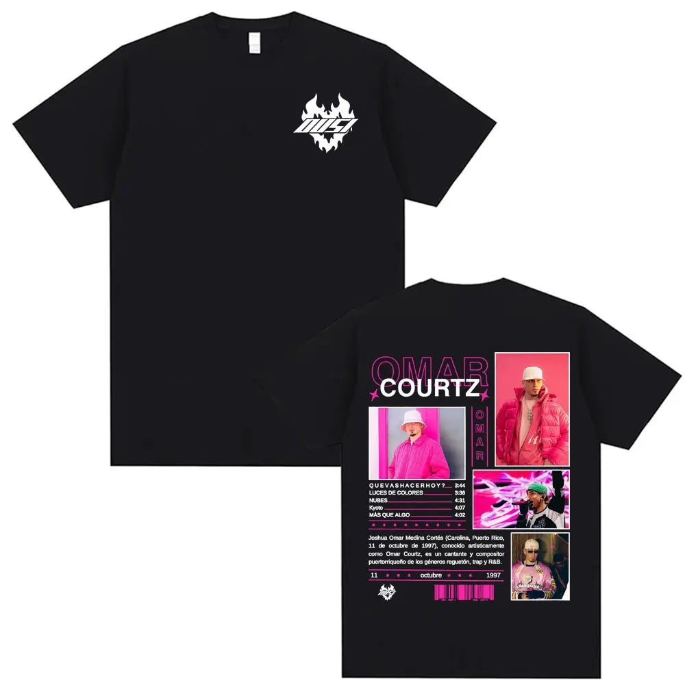 Black short-sleeved vintage 90s hip hop t-shirt featuring rapper omar courtz graphic and vibrant pink oversized summer tops back design