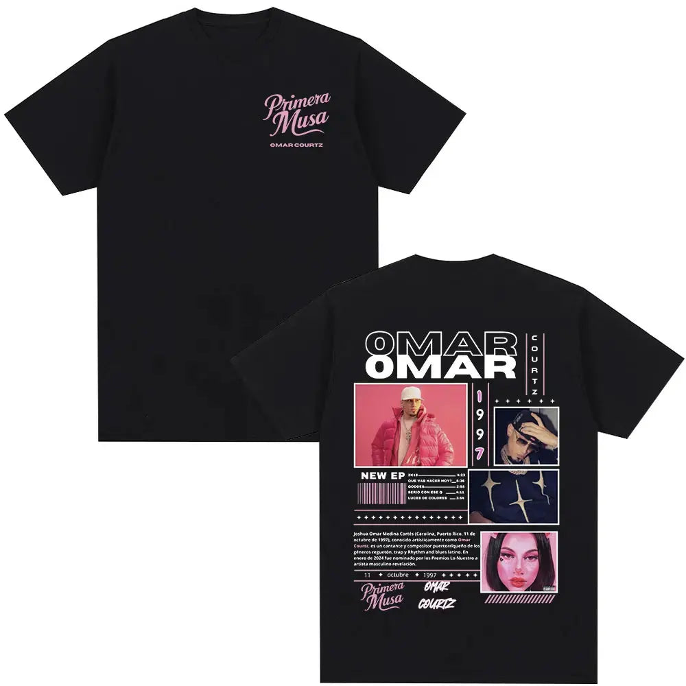 Black short-sleeved cotton t-shirt featuring rapper omar courtz graphic and vintage 90s hip hop style summer tops oversized design