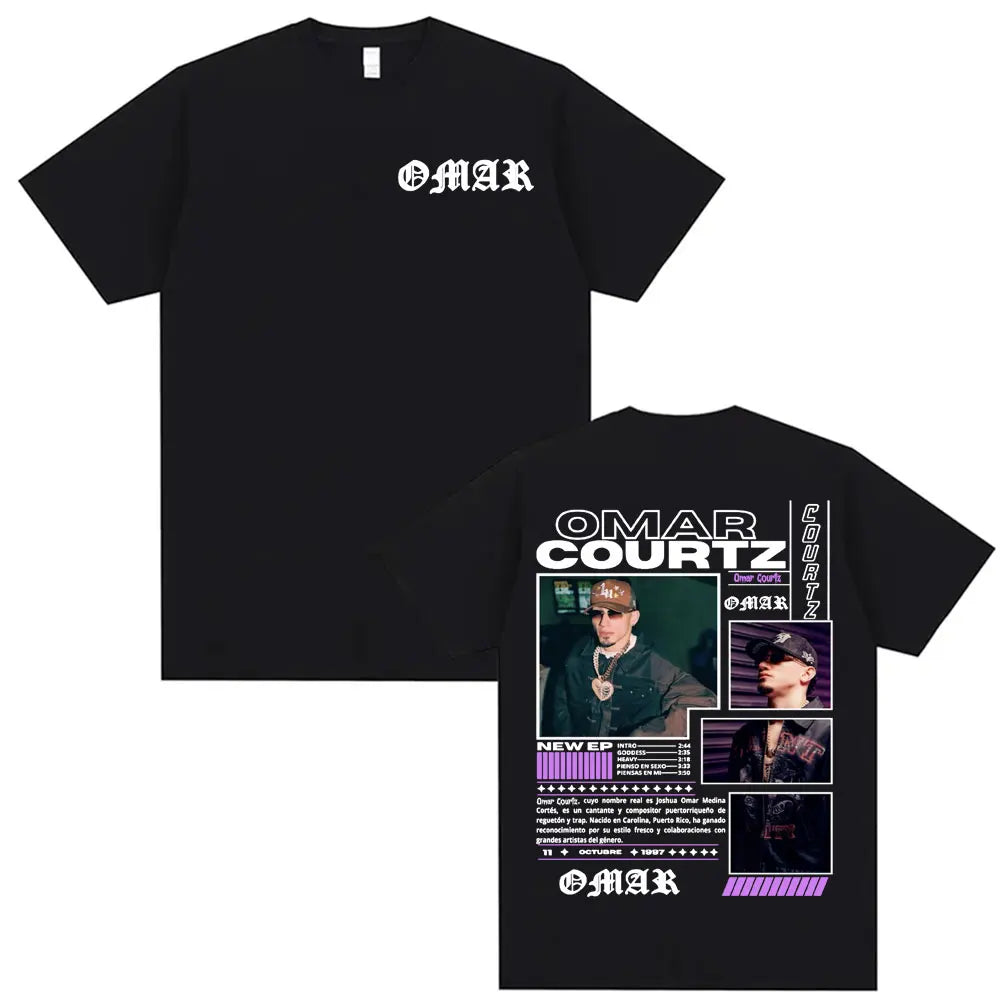 Black short-sleeved t-shirt back side featuring rapper omar courtz graphic print with photos and purple accents vintage 90s hip summer tops oversized