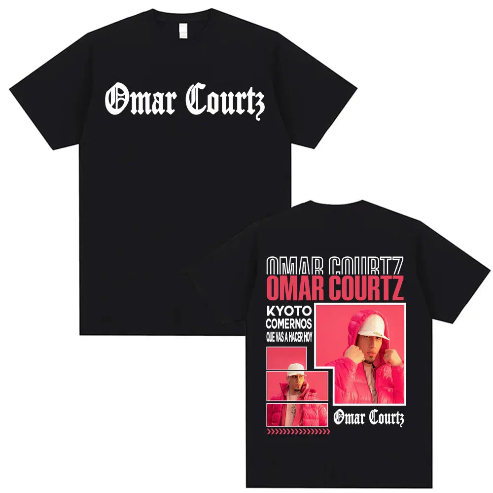 Black short-sleeved rapper omar courtz vintage 90s hip hop graphic t shirt with white pink designs and bright pink jacket images