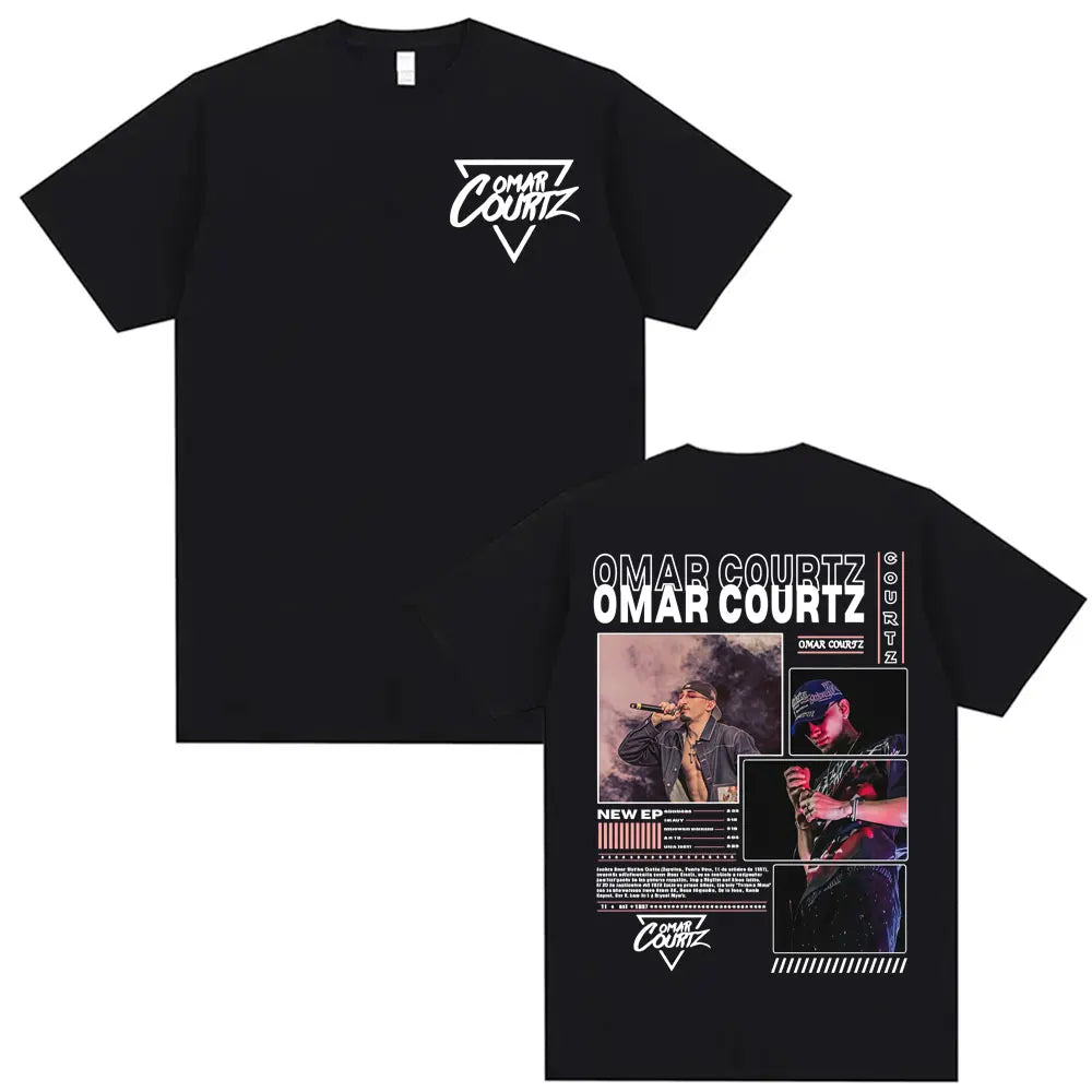Black short-sleeved t-shirt with white graphic of rapper omar courtz performing vintage 90s hip summer tops oversized