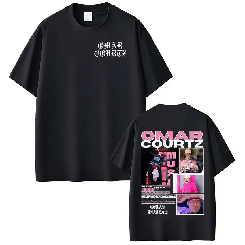 Black omar courtz graphic tee with white and pink text and multiple artist photos vintage 90s hip summer tops oversized