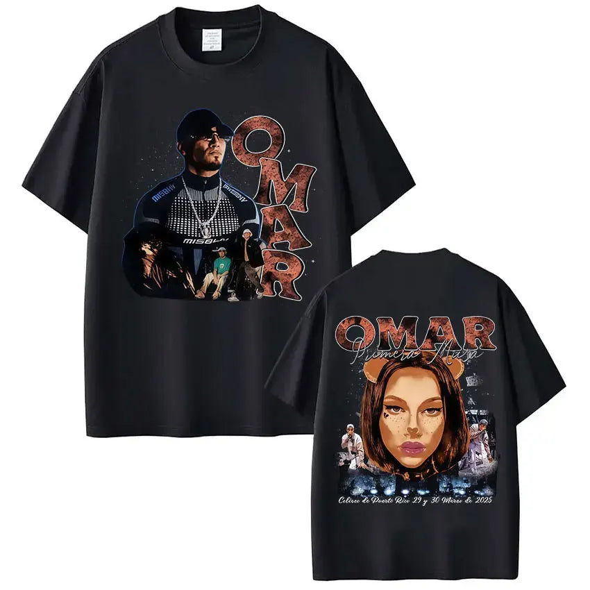 Black oversized graphic tee featuring rapper omar courtz vintage 90s hip hop design ideal for summer tops