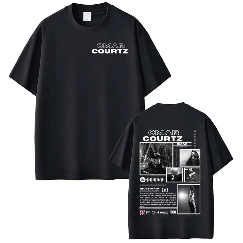 Black omar courtz t-shirt back with white text graphic print featuring photos bio details and social media icons for summer tops oversized vintage 90s hip style