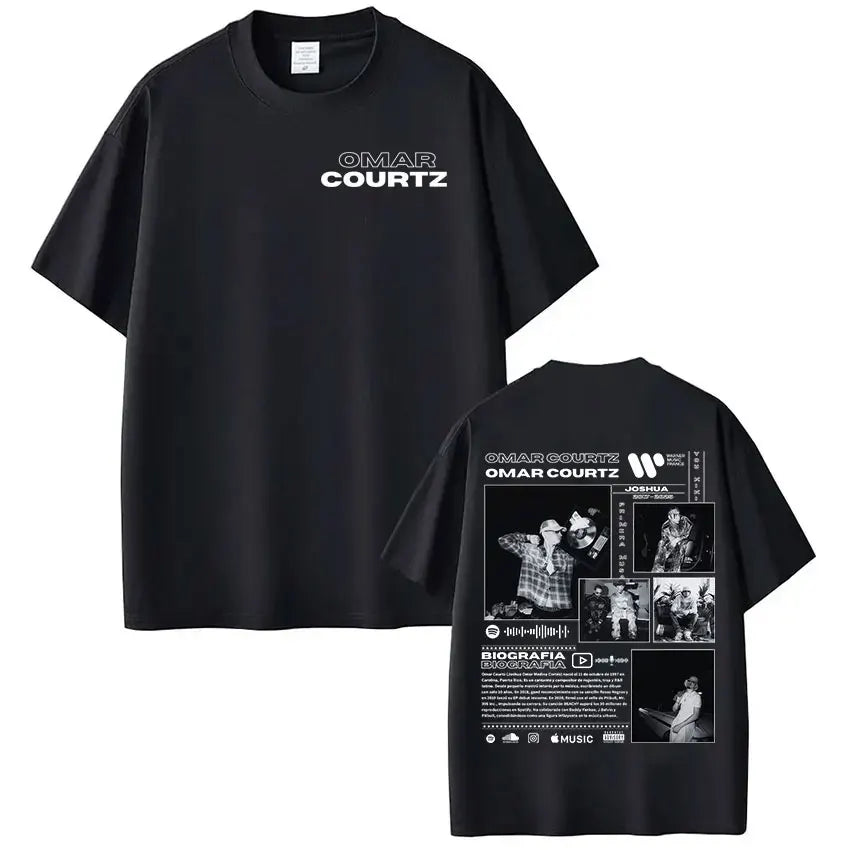 Black oversized t-shirt featuring white omar courtz text front and detailed vintage 90s hip hop graphic back for summer tops oversized style