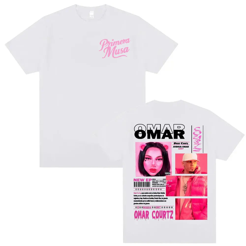 White cotton t-shirt featuring rapper omar courtz primera musa graphic front and vintage 90s hip back print for summer tops oversized style