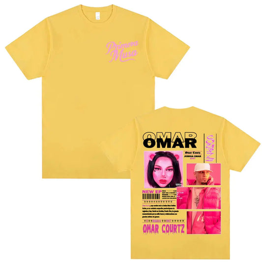 Yellow short-sleeved cotton t-shirt with rapper omar courtz vintage 90s hip hop graphic design summer tops oversized