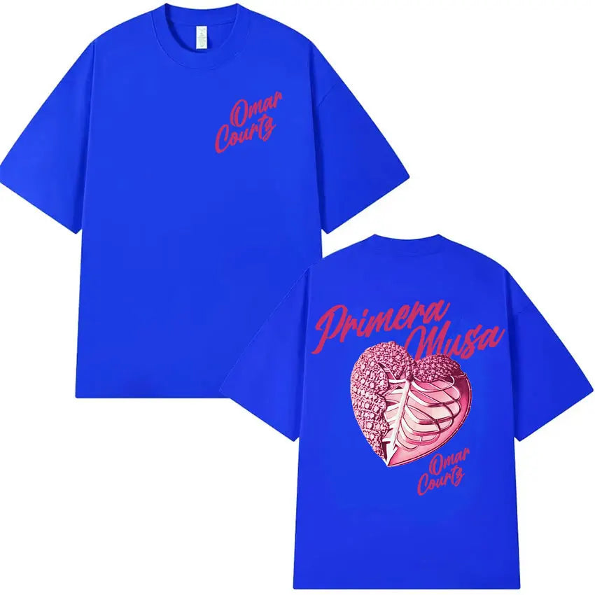 Royal blue oversized tshirt streetwear featuring pink heart graphic with ribcage and rapper omar courtz script text front and back