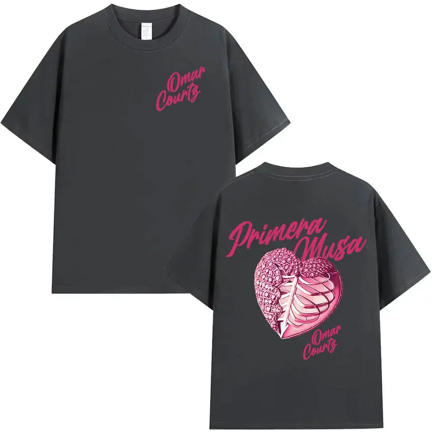 Black oversized t-shirt with pink heart graphic ribcage and primera musa text by rapper omar courtz streetwear