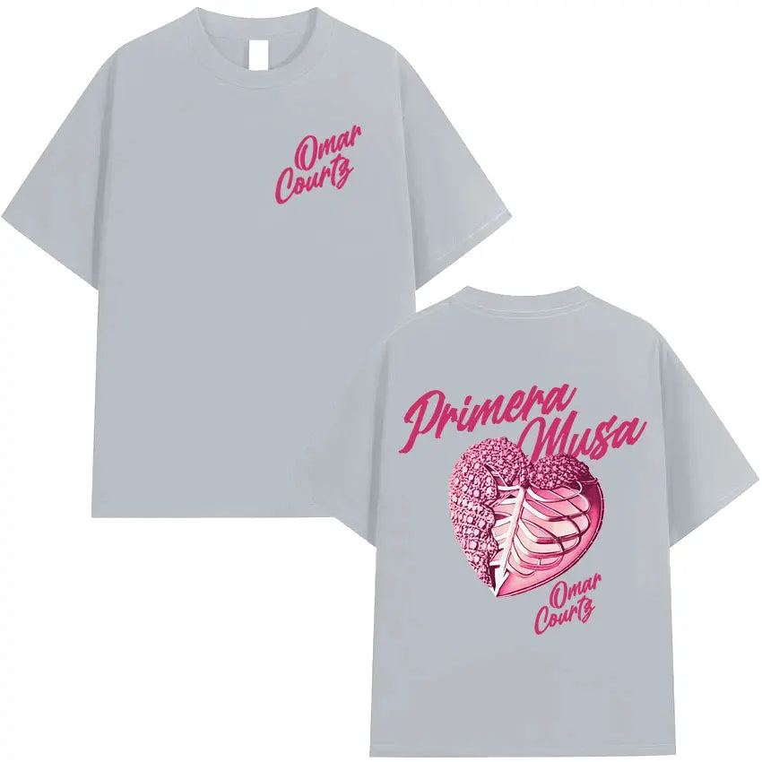 Light gray oversized tshirt streetwear with pink omar courtz branding and heart graphic ribcage on back side