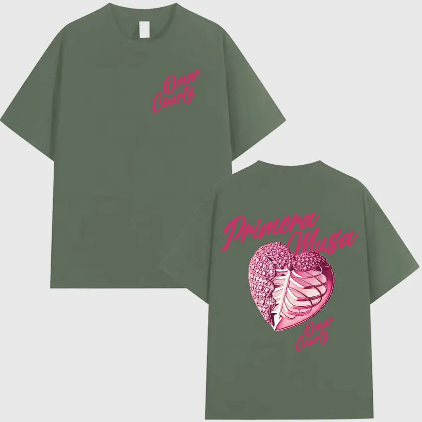 Olive green oversized tshirt with pink heart graphic and primera musa text on back by rapper omar courtz streetwear