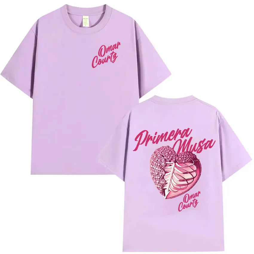 Lavender oversized tshirt with pink cursive text and heart graphic featuring ribcage design by rapper omar courtz streetwear