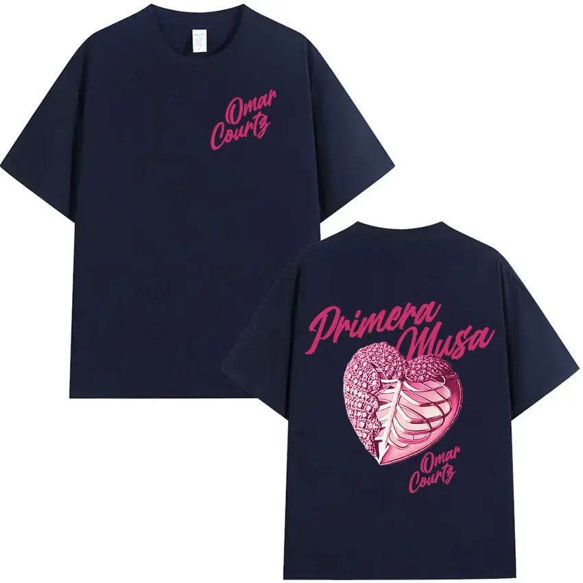 Navy blue oversized tshirt by rapper omar courtz featuring a pink heart graphic ribcage print and primera musa text
