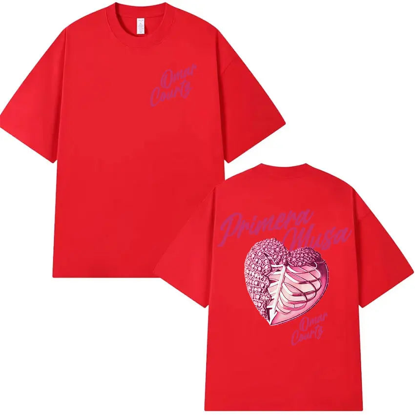 Red oversized tshirts streetwear featuring rapper omar courtz heart graphic with broken heart ribcage design and primera mesa text on back