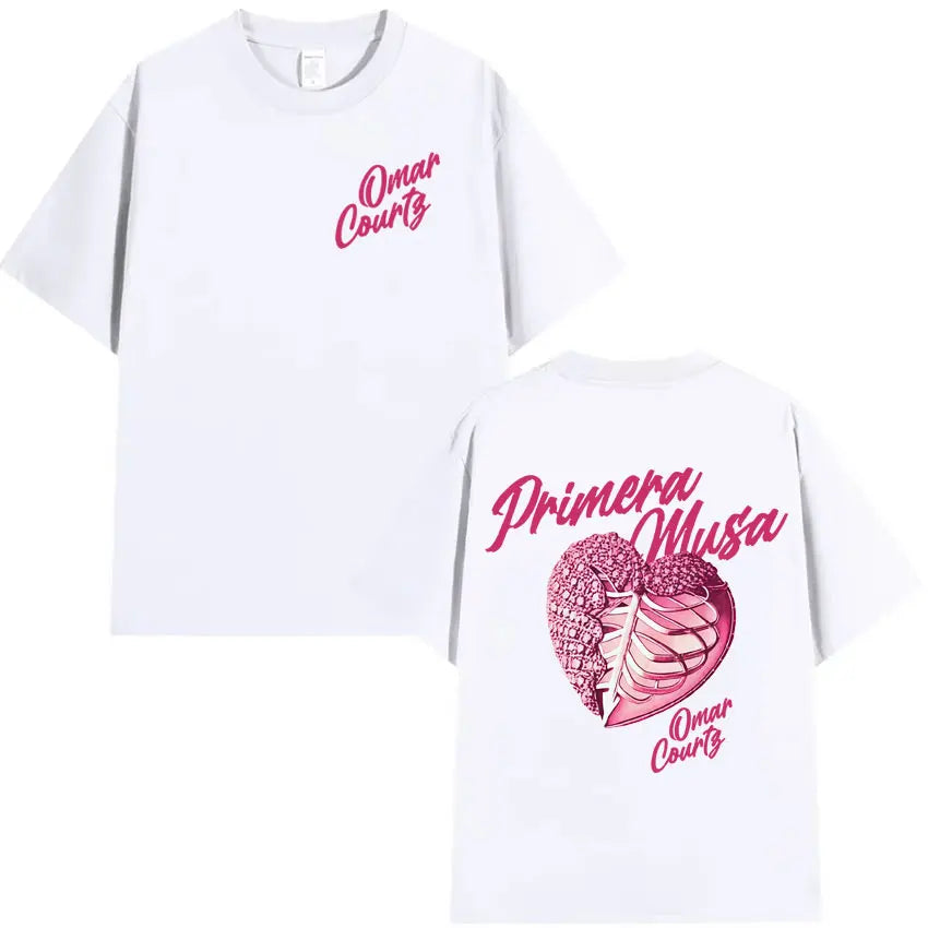 White short-sleeved t-shirt with pink cursive text and heart graphic featuring ribcage design by rapper omar courtz oversized tshirts streetwear