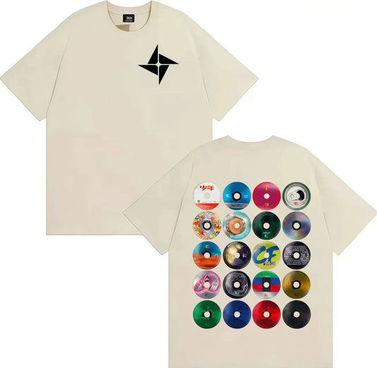 Cream-colored oversized pure cotton t-shirt with black geometric logo front and colorful cd collage on back for streetwear