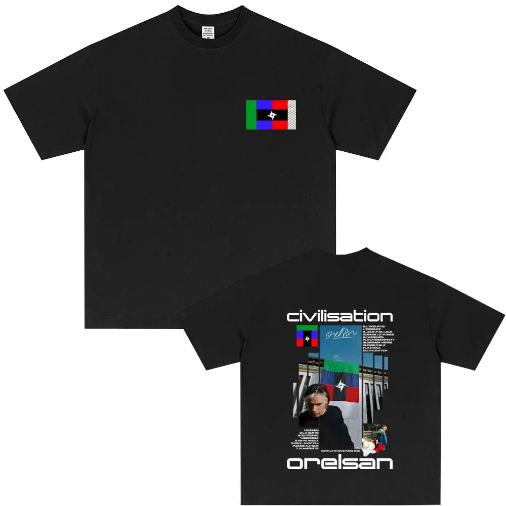 Black short-sleeved soft cotton t-shirt with civilisation album graphic and flag detail for hip hop fashion fans