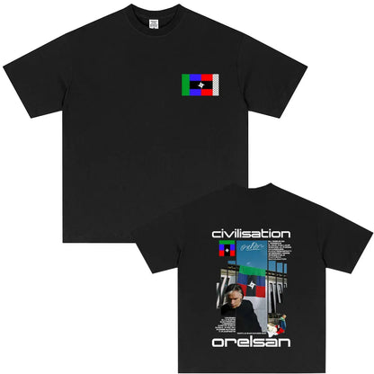 Black short-sleeved soft cotton t-shirt with civilisation album graphic and flag detail for hip hop fashion fans