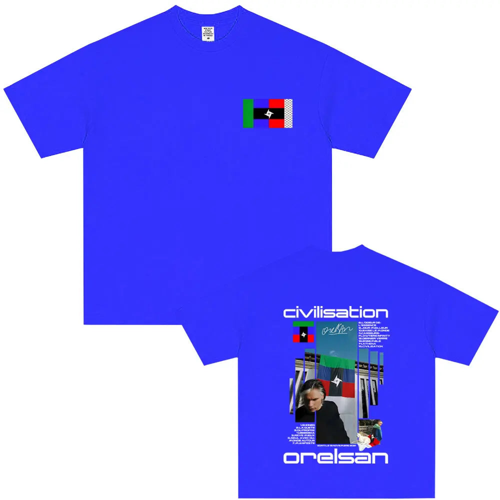 Bright blue cotton rapper orelsan civilisation album graphic t shirt with flag patch and hip hop fashion design front