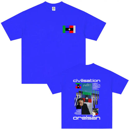 Bright blue cotton rapper orelsan civilisation album graphic t shirt with flag patch and hip hop fashion design front