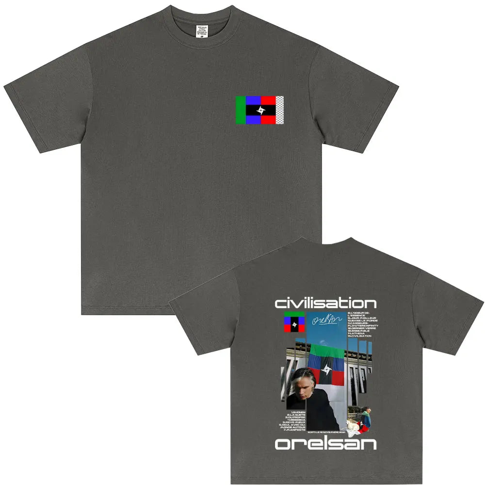 Grey short-sleeved rapper orelsan civilisation album graphic cotton t-shirt with colorful front design and small chest patch