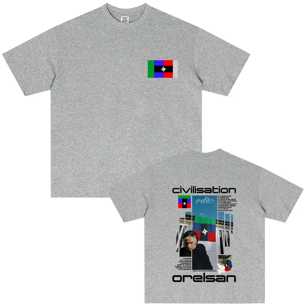Heather gray cotton short-sleeved t-shirt with rapper orelsan civilisation album graphic and hip hop fashion design on front and back