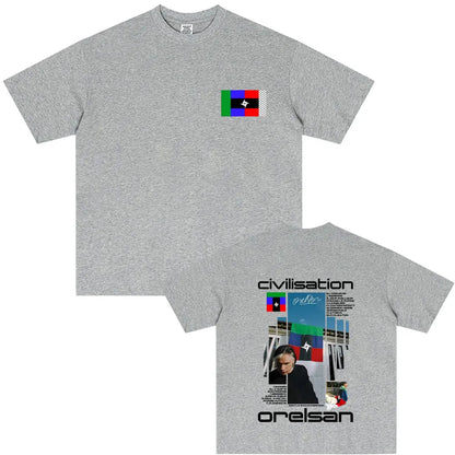 Heather gray cotton short-sleeved t-shirt with rapper orelsan civilisation album graphic and hip hop fashion design on front and back